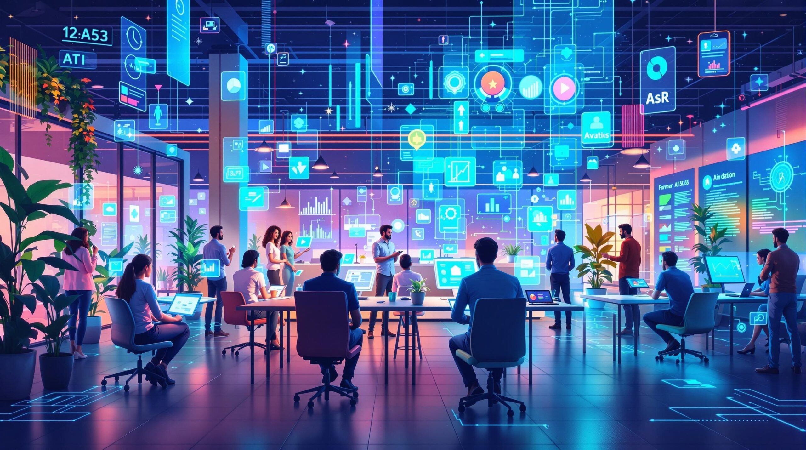 AI-powered tools boosting productivity for small businesses, diverse team collaborating with virtual assistants and AI analytics