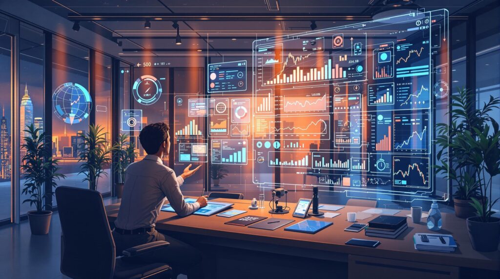 a futuristic financial office with AI-powered analytical tools projecting data visualizations on transparent screens