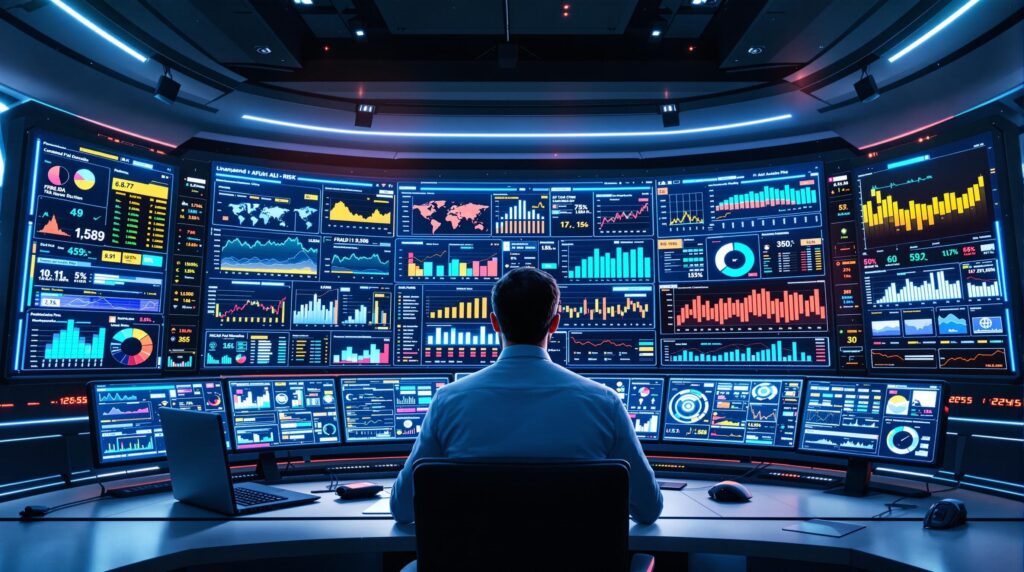 An advanced control room environment where financial experts use AI visualization to manage and mitigate risk.