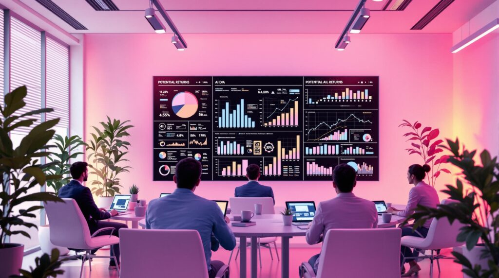 a futuristic office environment with business professionals analyzing AI data on large digital screens