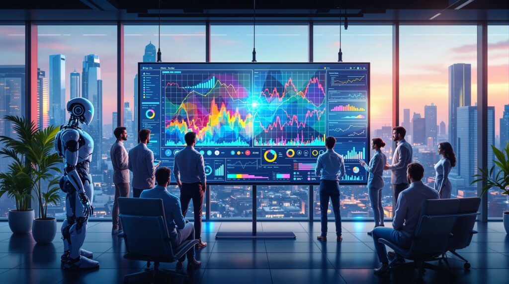 a team of diverse data scientists and high tech robots gathered around a large digital screen
