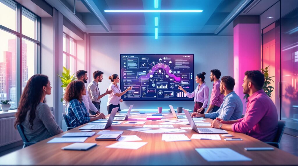 a diverse team of professionals gathered around a large interactive digital screen collaborating as AI tools generate digital annotations and suggestions on the screen