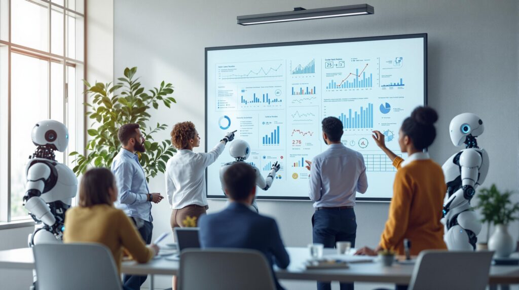 A diverse group of professionals and high tech robots in a modern office setting, collaborating over a large digital whiteboard displaying charts and graphs. 