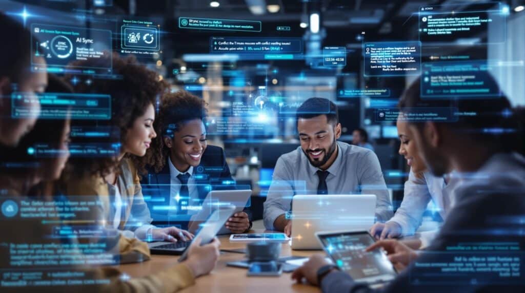 a diverse group of professionals working collaboratively with multiple AI tools resolving sync issues in a futuristic office environment