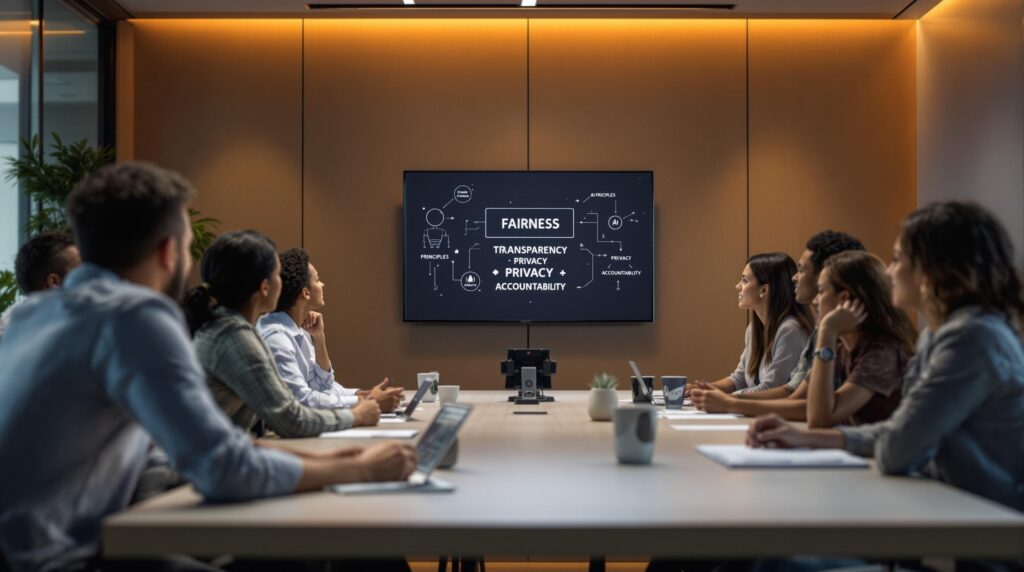 a diverse team of professionals in a meeting room discussing AI ethics