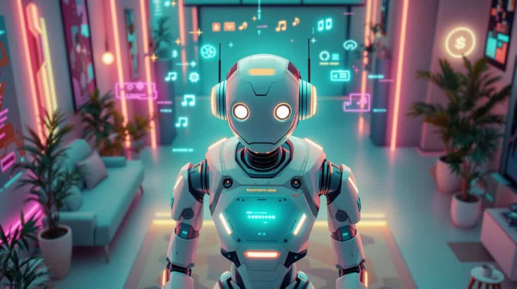a futuristic robot with icons and symbols for generative ai and machine learning