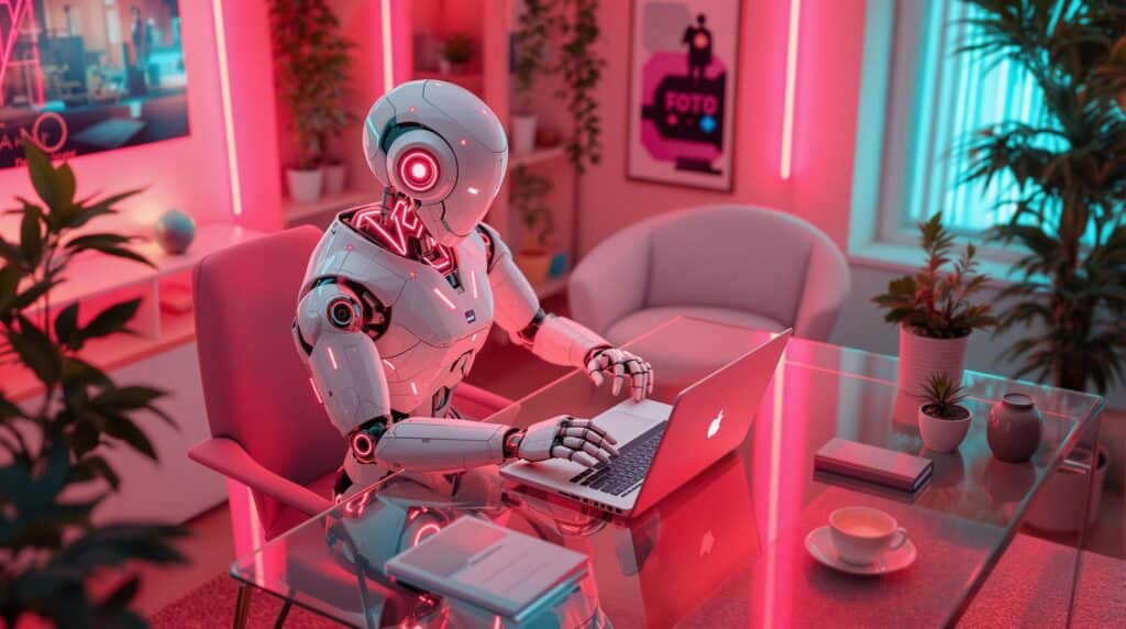 a high tech robot working on a glass desk in a glowing pink room