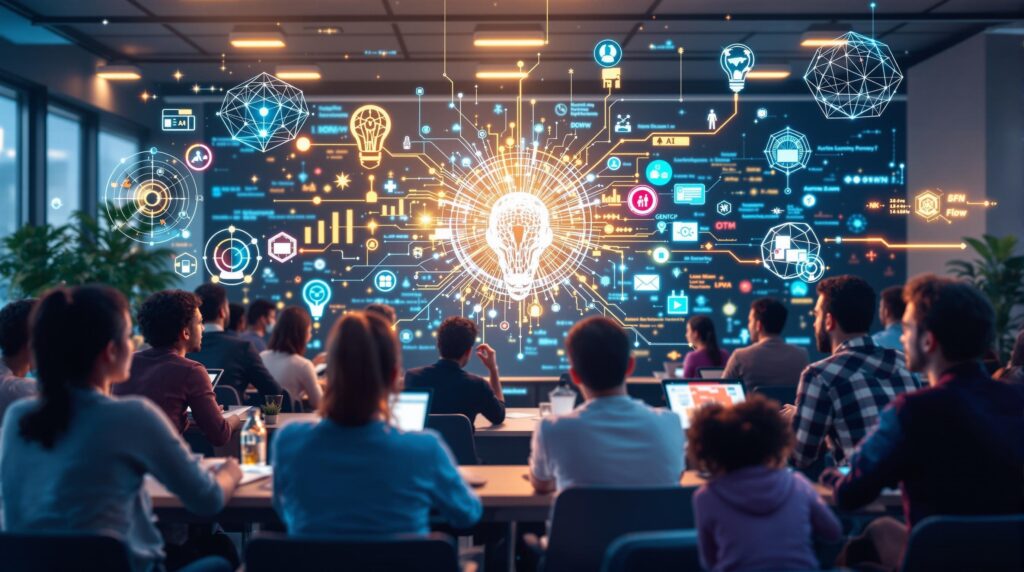 a futuristic image depicting a diverse group of people learning about artificial intelligence in a classroom setting