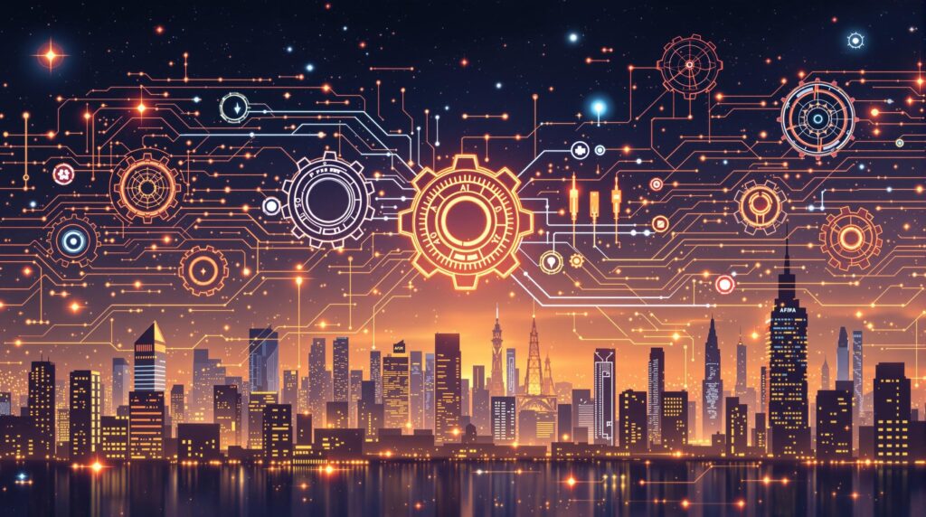 an image that represents the future possibilities of AI integration and synergy depicting interconnected gears and circuits symbolizing collaboration between generative and predictive AI 
