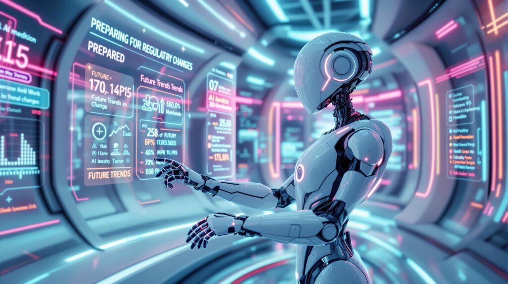 futuristic robot navigating through a digital environment focused on preparing for regulatory changes
