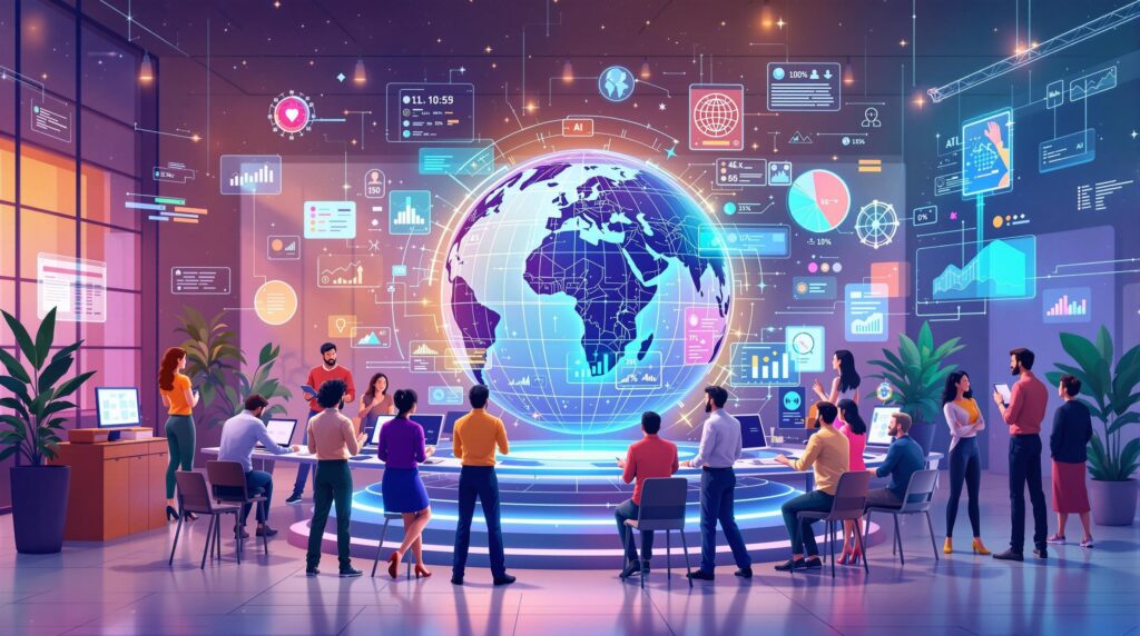 a vibrant global innovation hub where a diverse team is exploring future trends in AI prompting