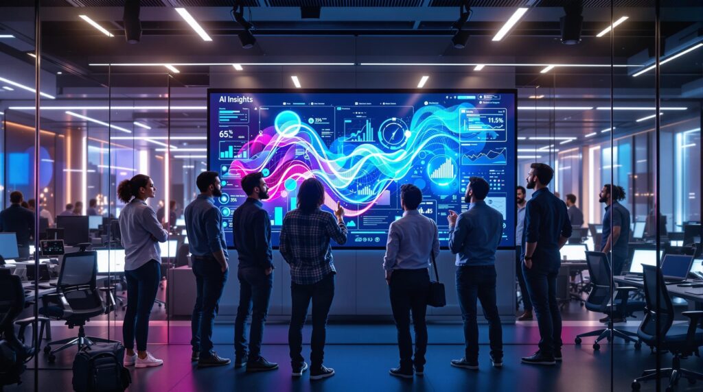 a diverse group of professionals gathered around a large interactive digital screen in a high-tech workspace and screen displaying dynamic AI-driven insights
