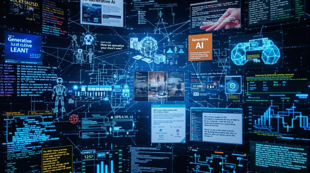 a collage of digital screens showcasing various aspects of Generative AI, such as text generation, image generation, and AI algorithms