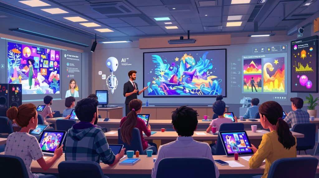 An imaginative classroom setting where an instructor is guiding eager students through the basics of AI image generation. The students, from various backgrounds, are animatedly interacting with tablets that display vivid artworks.