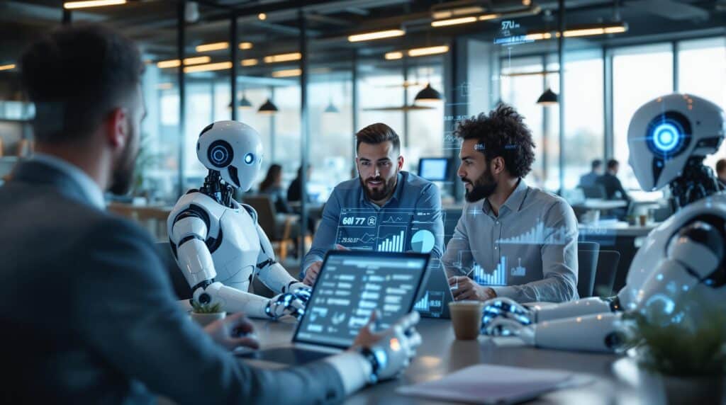 A business team and high tech robots using AI tools on their laptops in a modern office, visualizing digital charts and graphs representing resource allocation.