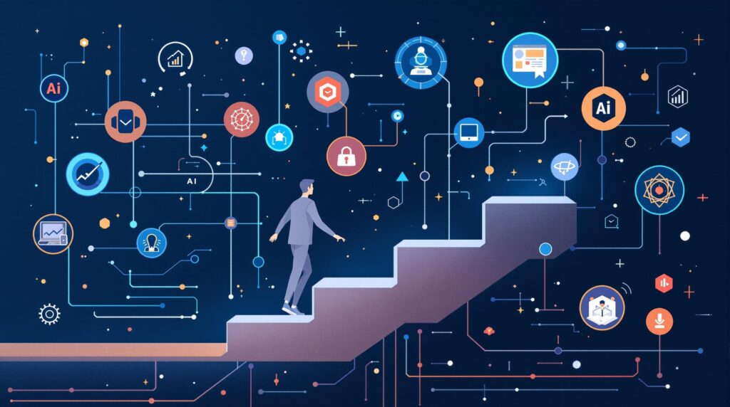 a person taking the first step onto a digital pathway