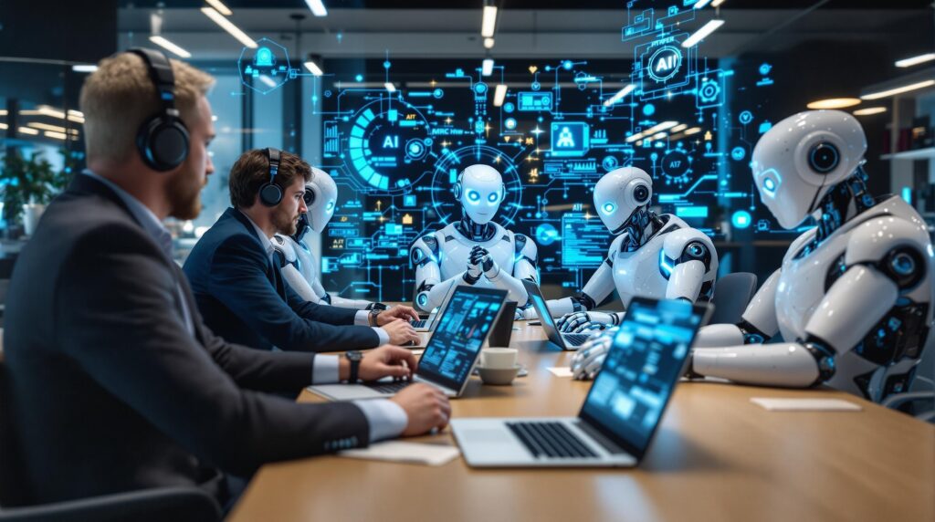 An office setting with a team of professionals and high tech robots collaborating around a table, each using laptops displaying AI interfaces, symbolizing teamwork and the effective harnessing of AI tools for enhanced productivity and clarity.