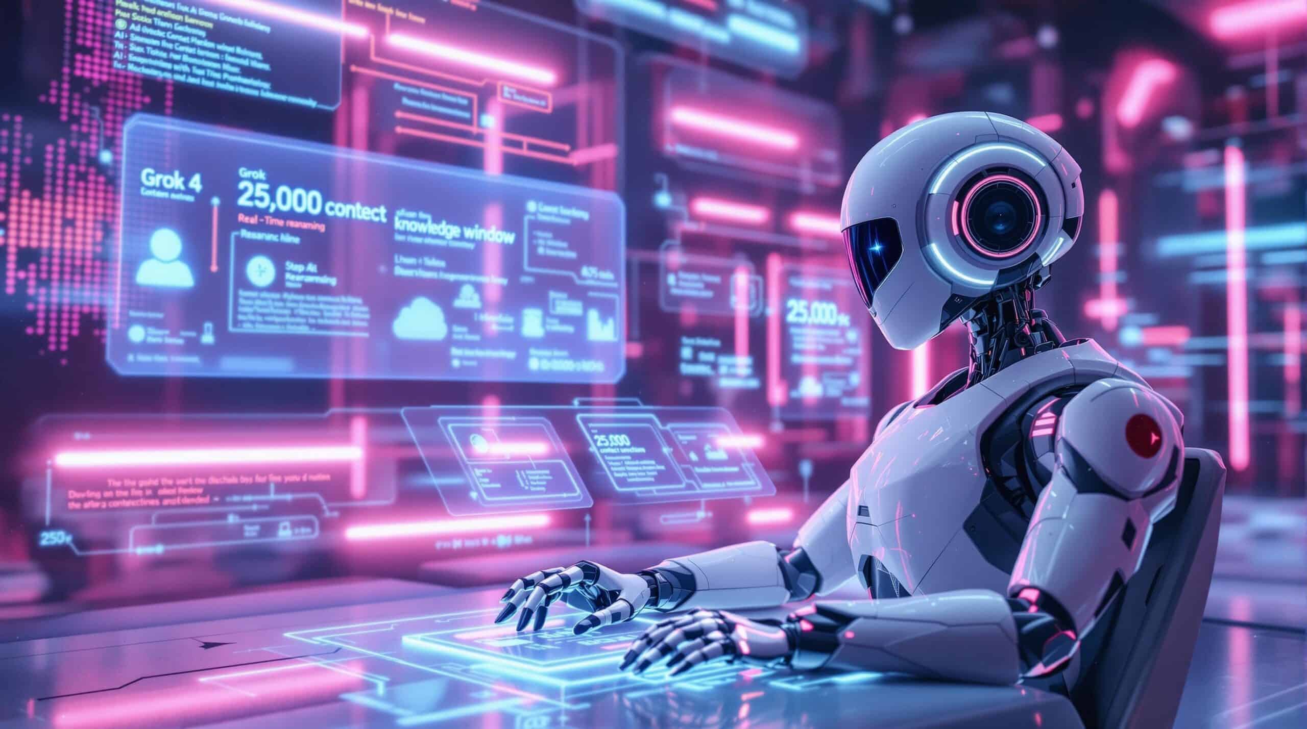a robot with holographic panels showcasing Grok 4’s breakthrough in advanced reasoning and real-time knowledge processing