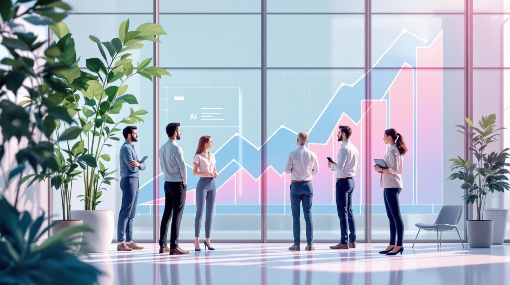 a diverse team of professionals attentively observing a performance graph