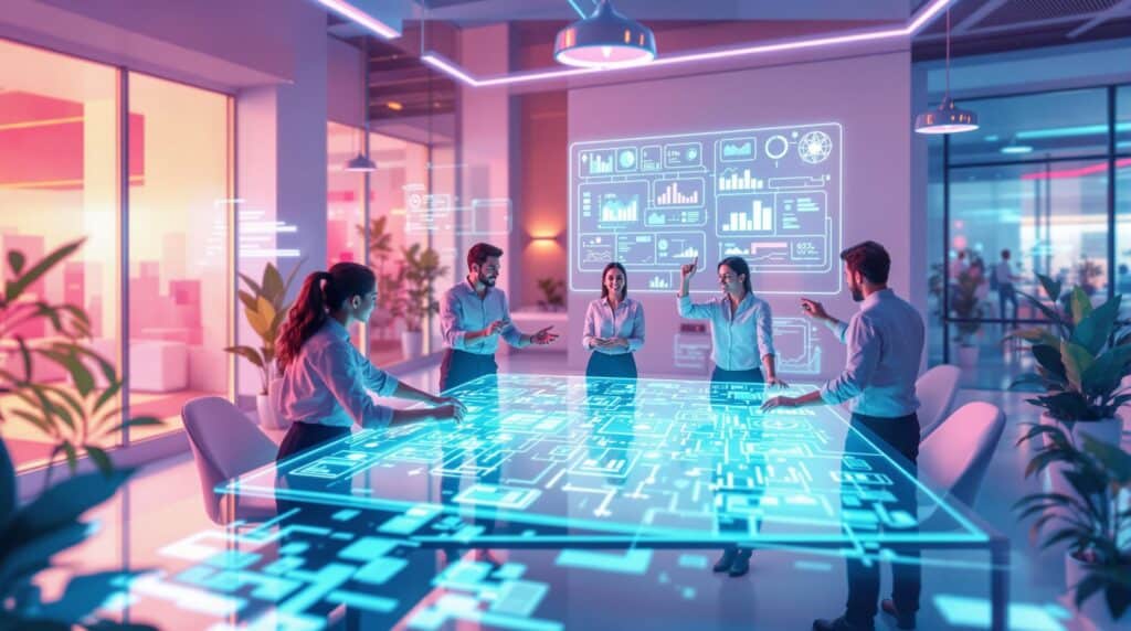 team of professionals collaborating around a holographic table displaying workflow diagrams and growth metrics