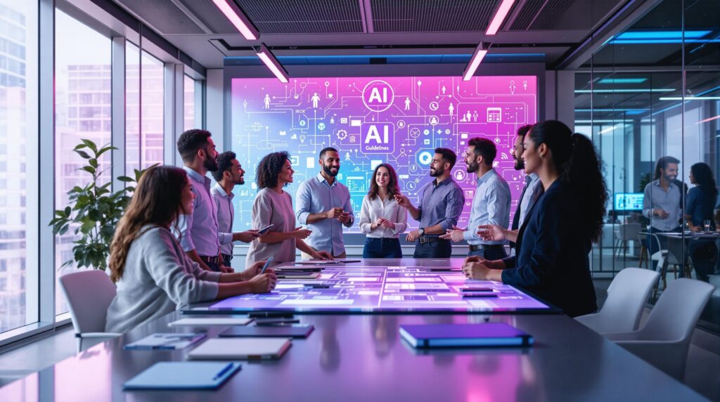 a team of diverse experts gathered around a transparent board in a modern office