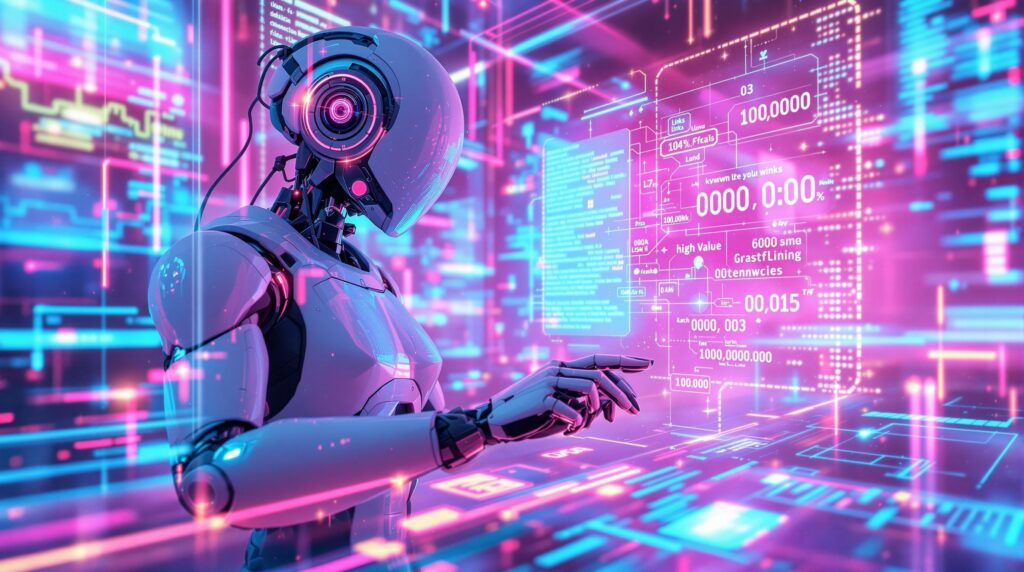 a robot filtering data in a holographic screens showcasing patterns and high-value links