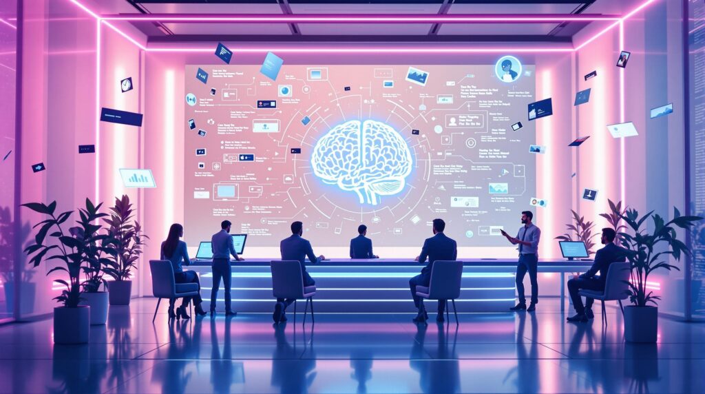 a team of professionals at a sleek, high-tech workstation analyzing content on a gigantic screen