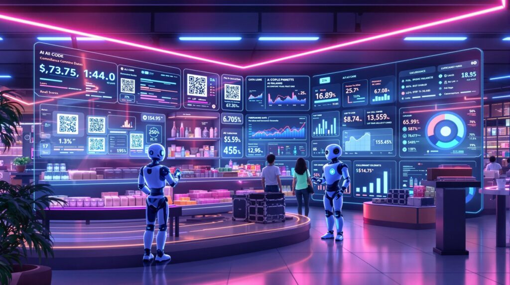 A futuristic retail store setting with digital screens displaying QR codes and data analytics charts. AI-powered robots assisting in organizing shelves, and a digital dashboard showcasing compliance metrics like risk scores and real-time updates.