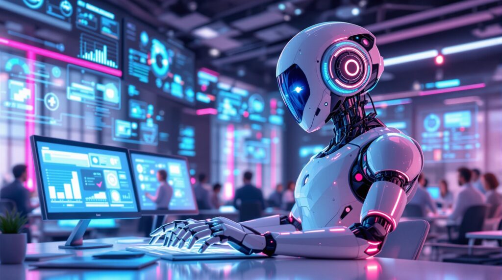 futuristic robot in a high-tech office setting screens displaying efficient task management and time-saving data