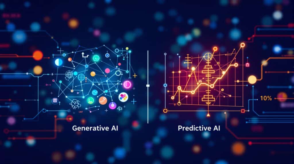 an image depicting the contrasting data processing techniques of generative AI and predictive AI