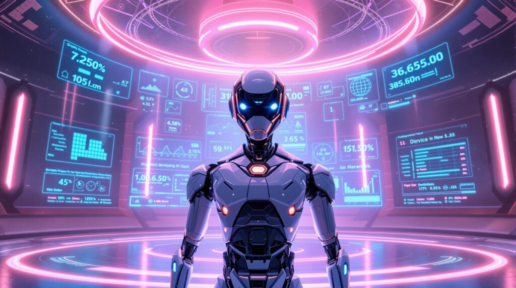 a futuristic robot prominently featured in a digital arena surrounded by a swirling array of holographic displays and charts comparing AI models