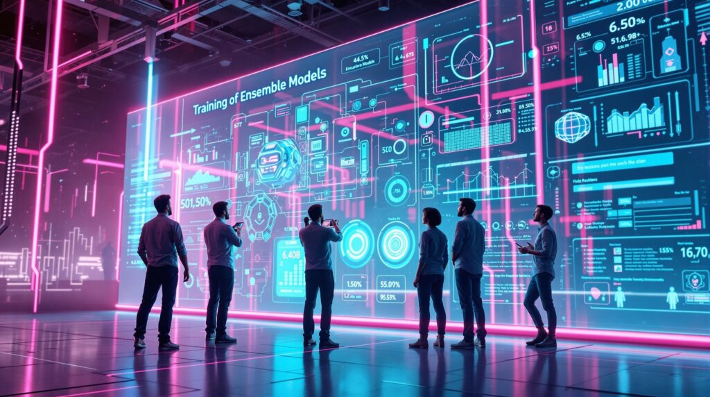 group of tech specialists collaborating on a large transparent display illustrating the training of ensemble models
