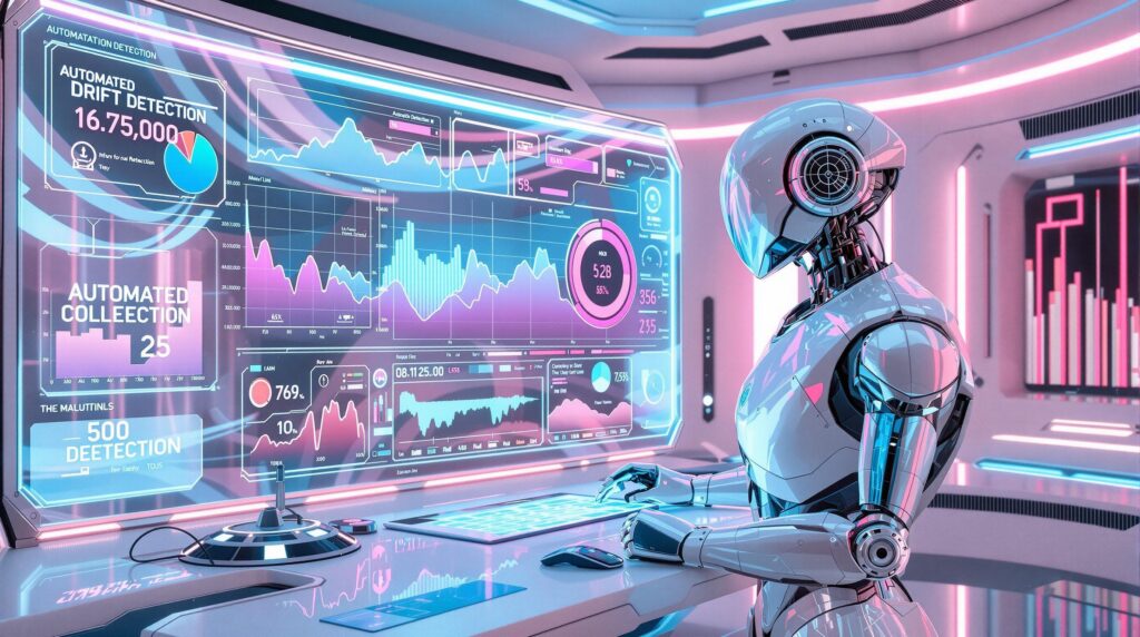 futuristic robot analyzing statistical distribution analysis surrounded by sleek devices showcasing automated drift detection