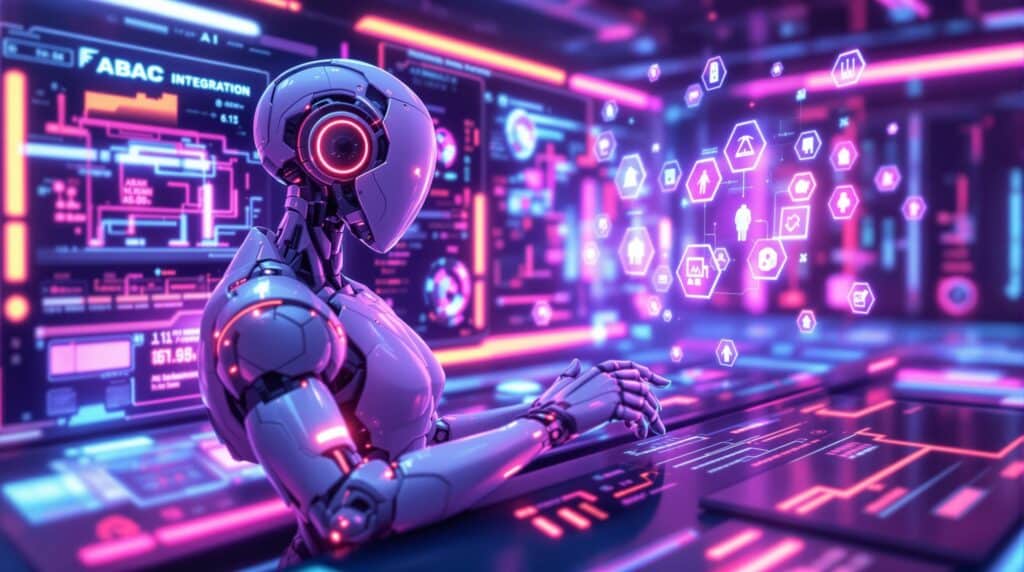 a futuristic robot with multiple digital screens showcasing AI system integration and ABAC framework procedures