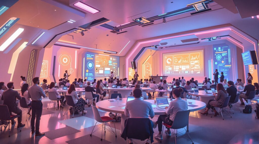 futuristic church space with diverse congregation members engaged in planning sessions, AI tool selection and training scenes with staff and volunteers using advanced technology interfaces