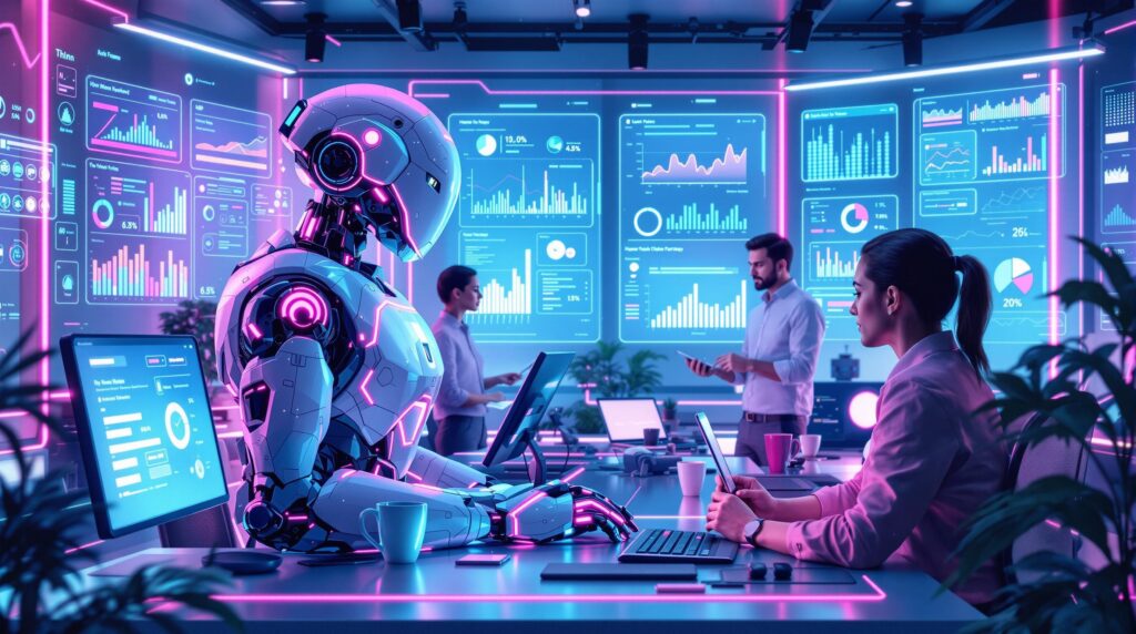 team of professionals collaborating with a futuristic robot in a high-tech office surrounded by tools and dashboards for real-time monitoring