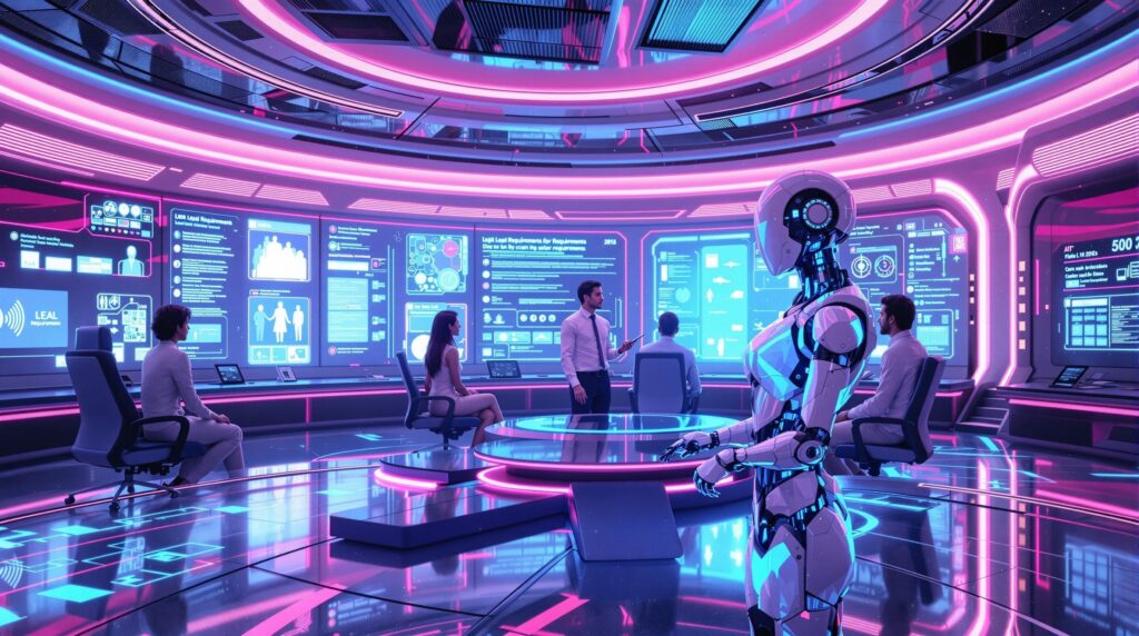 humans and a robot in an advanced control room surrounded by holographic displays highlighting legal requirements for oversight