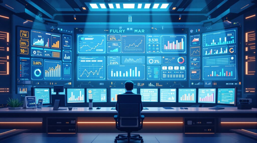 An illustration of a high-tech AI control room with screens displaying real-time data analytics and graphs, showcasing predictive maintenance and anomaly detection systems actively preventing AI downtime.
