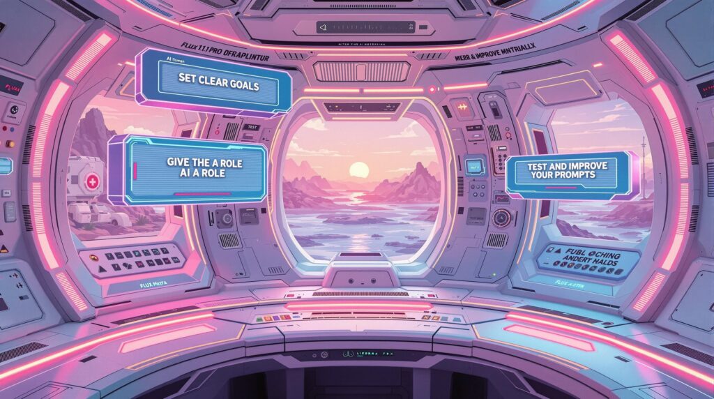 Advanced control room with floating text panels and key words like "Set Clear Goals," "Give the AI a Role," "Test and Improve Your Prompts