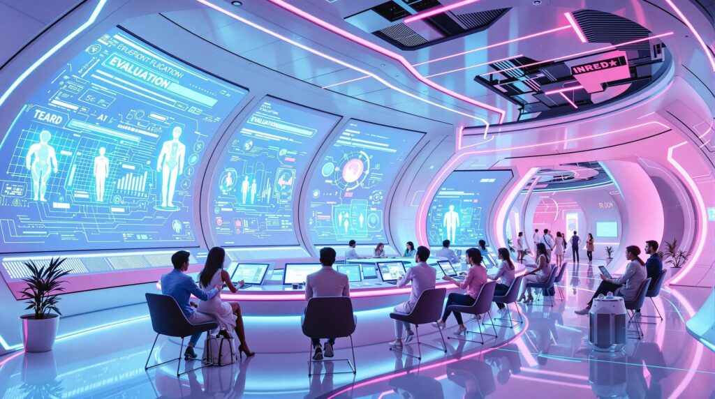 diverse team of evaluators examining advanced AI interfaces and transparent screens displaying bias identification and mitigation processes