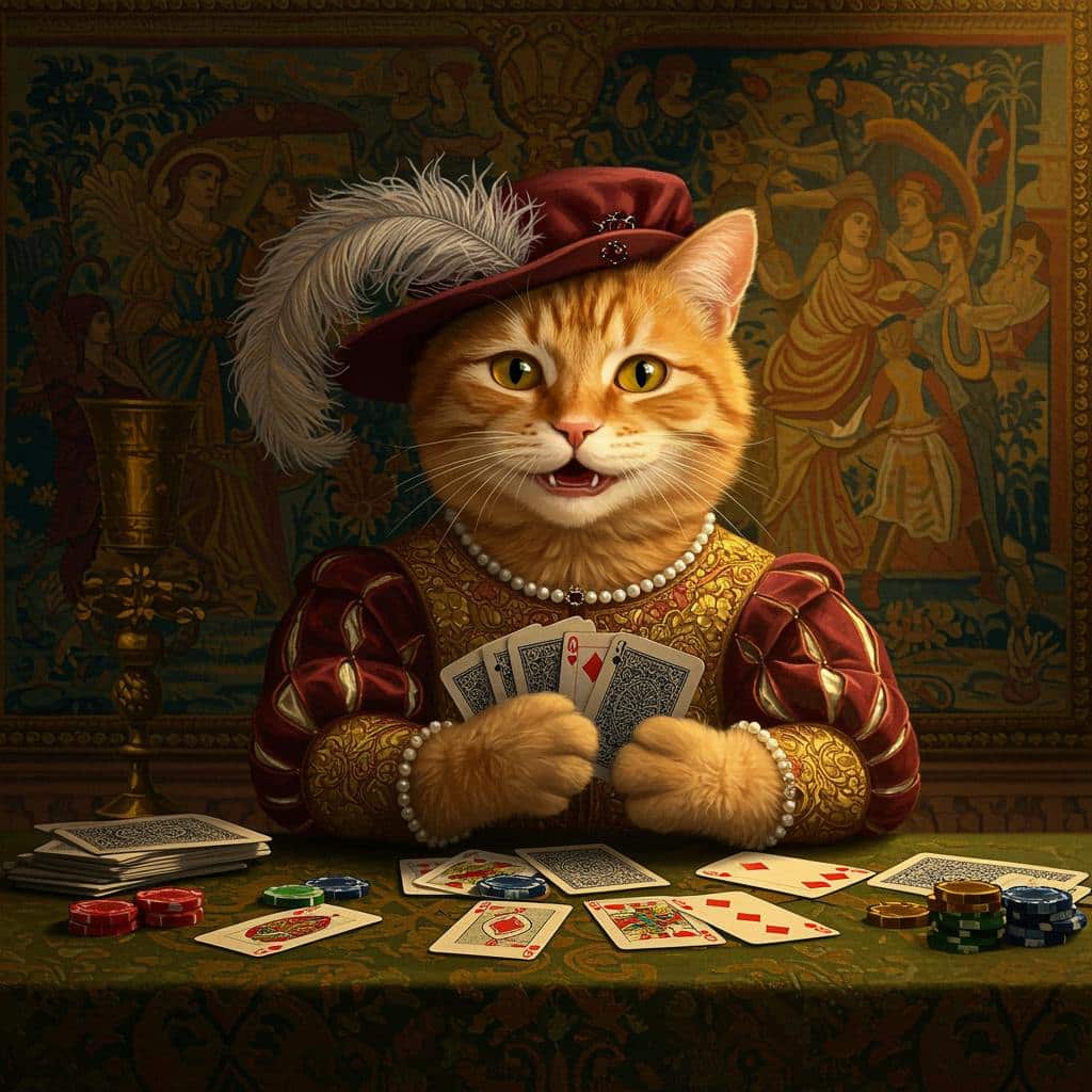 ai generated renaissance painting of a cat playing cards using Imagen 3.