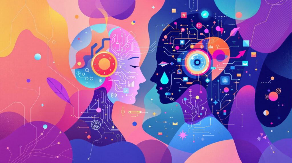 a vibrant illustration of a human and an AI interface working together
