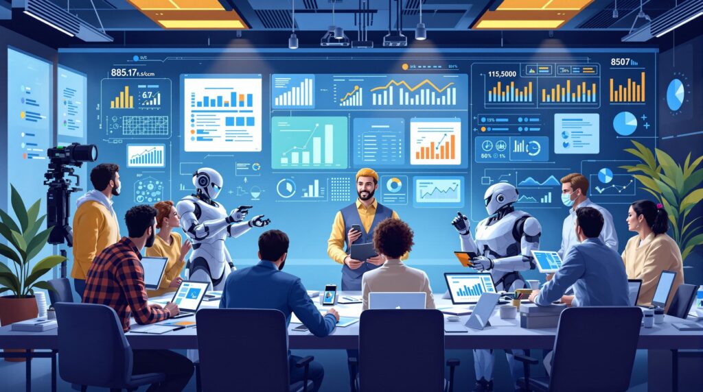 A collaborative and futuristic team setting, where diverse professionals and robots are discussing implementation strategies, surrounded by charts, plans, and digital devices.