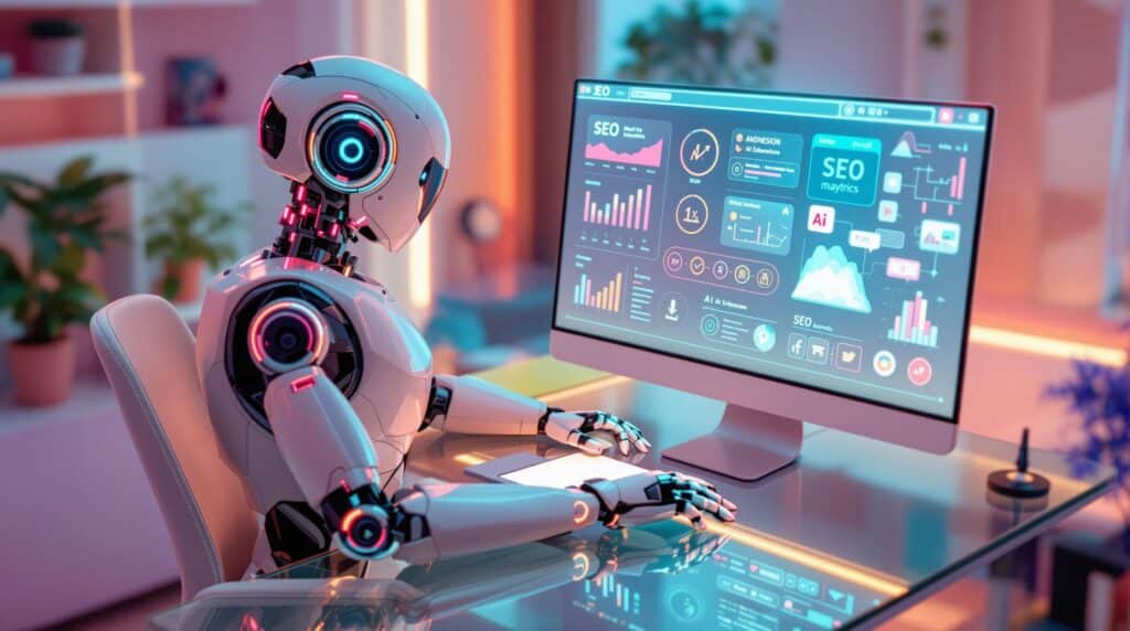 A retro futuristic robot navigating an intuitive dashboard on a screen displaying SEO metrics and AI enhancements.
