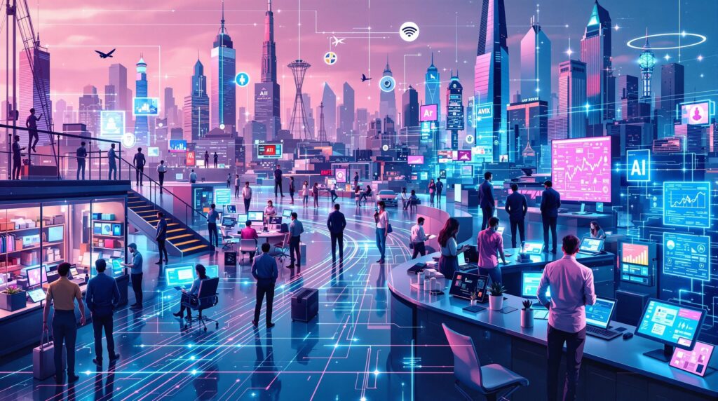 collage of diverse professionals from industries such as retail, travel, and services, retail workers interacting with AI-driven systems for inventory