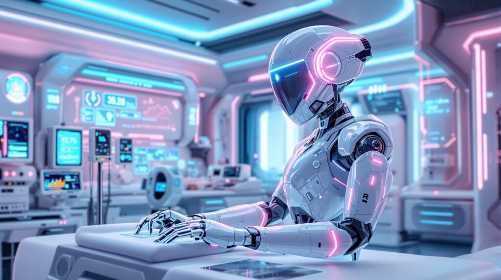 futuristic robot operating in a high-tech healthcare setting