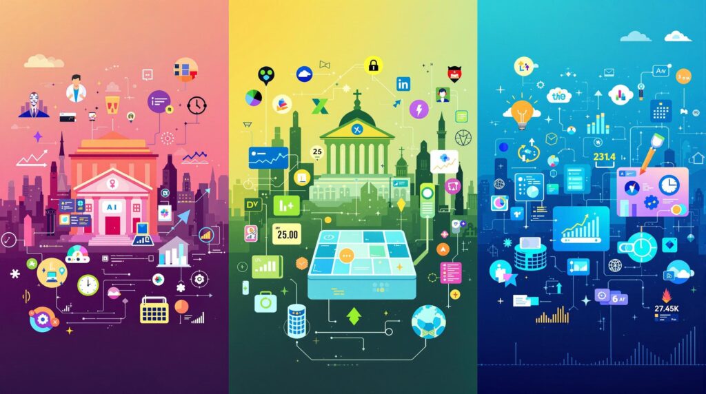 An image of diverse industries like banking, healthcare, and e-commerce, each showcasing their use of real-time AI data through dynamic visual elements and interfaces.