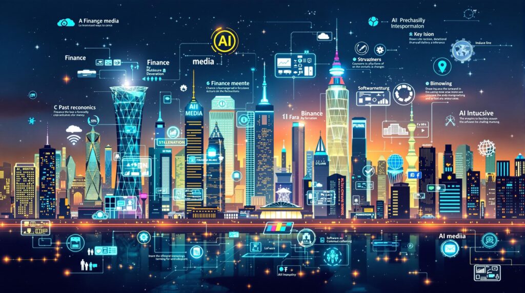 futuristic cityscape showing the transformation and growth of key industries impacted by AI