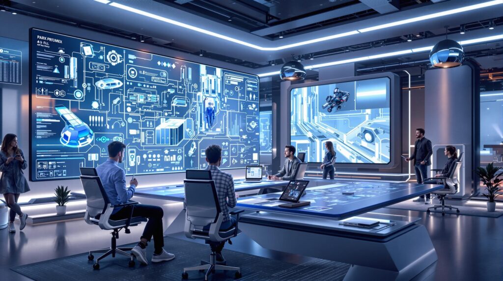 AI-driven software generating innovative product sketches and designers collaborating at a sleek workstation