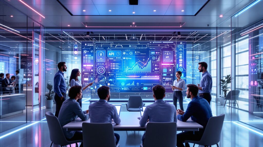 a diverse business team collaborating for data management, API settings, and performance monitoring